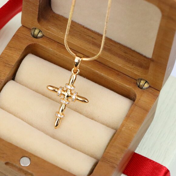 "Rose Gold Cross Pendant with CZ Ring Accents in Modern Sleek Style, XPPT1819 - Picture 4 of 13